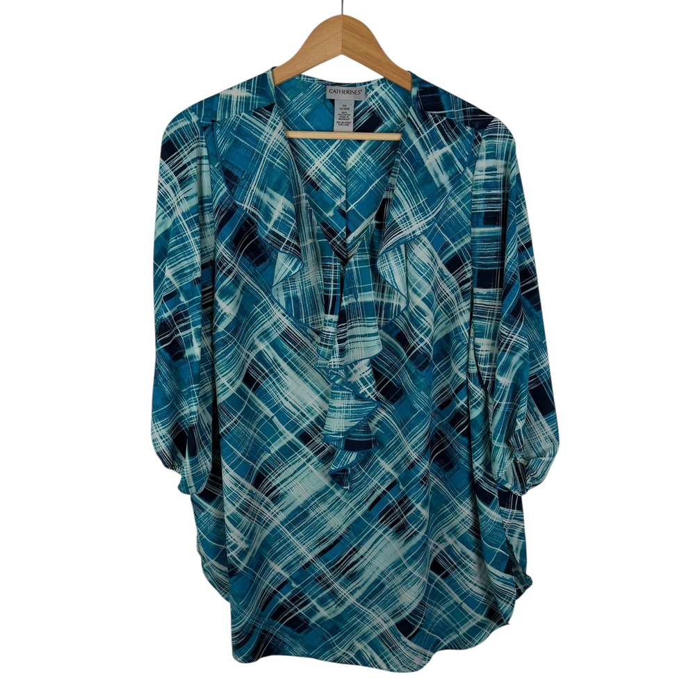 Catherines Teal Abstract Plaid Ruffle Blouse‎ Sz 0X Lightweight Office Boho Chic